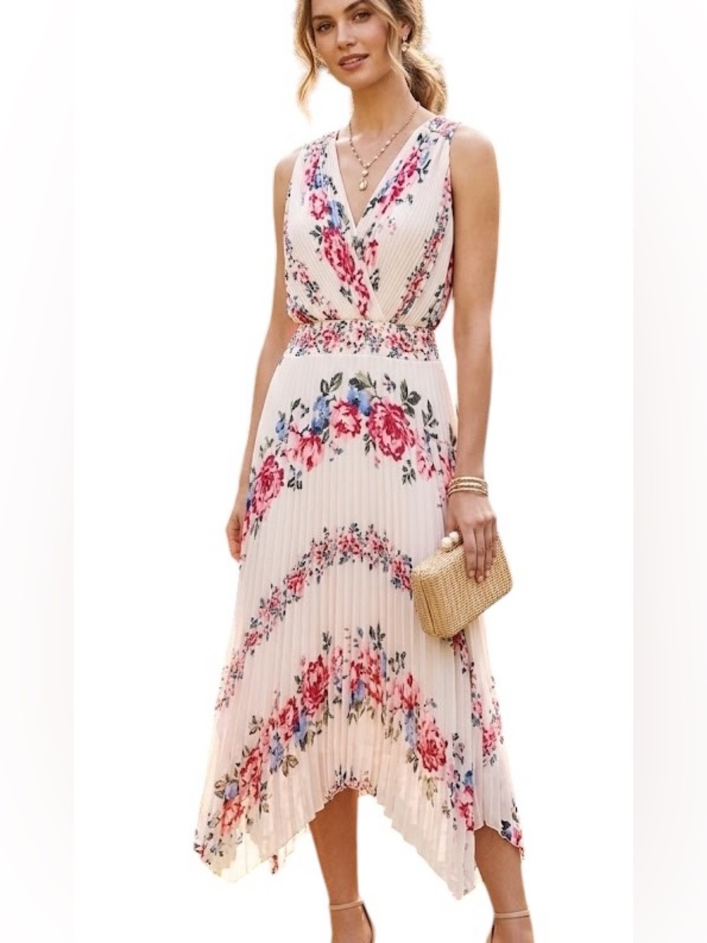WHBM Sleeveless Pink Floral V-Neck Pleated Asymmetrical Midi Dress